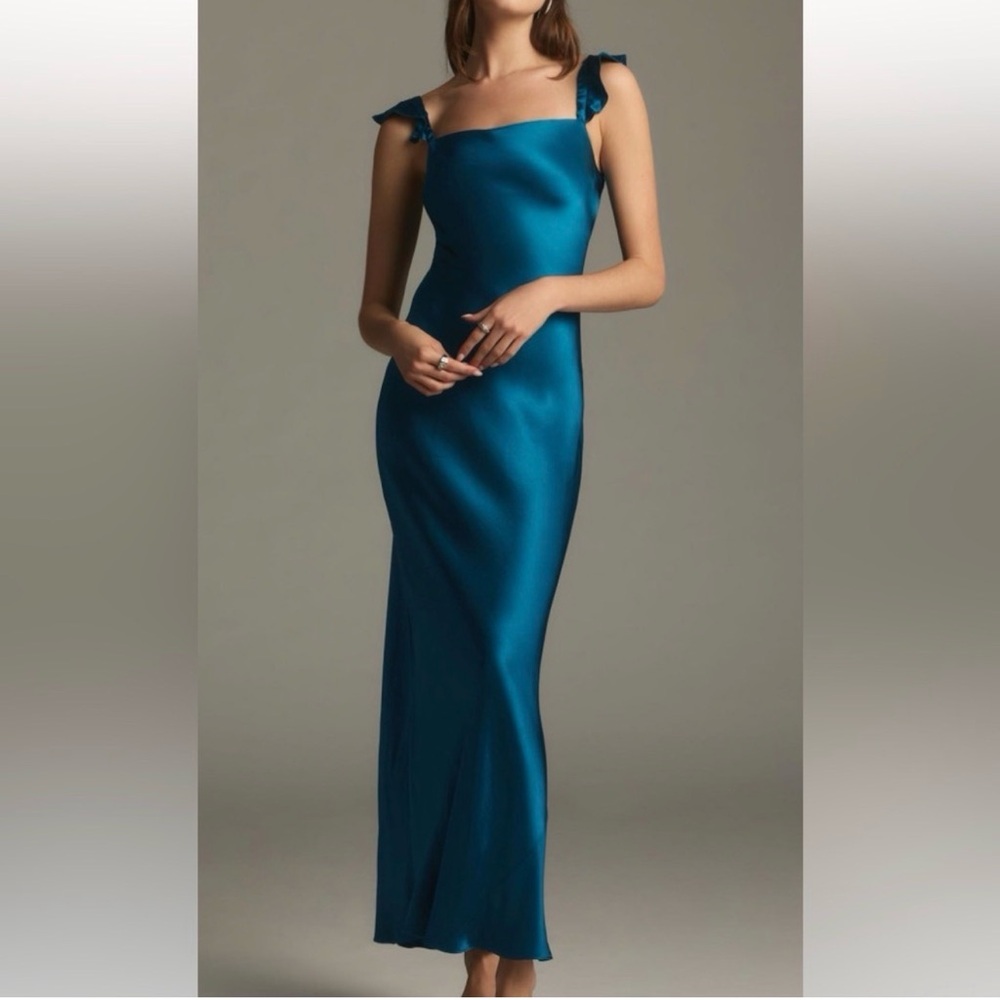 Anthropologie Teal Satin Maxi Dress with Tie Shoulder Straps